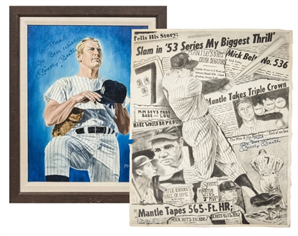 Lot of (2) Mickey Mantle Signed/Inscribed Poster and Framed Painting (PSA/DNA)